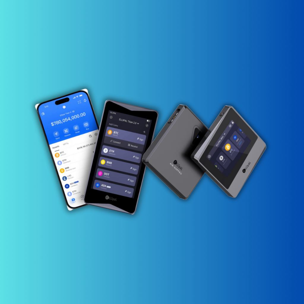 Image of Ellipal hardware wallet models including the Ellipal Titan Mini and Ellipal Titan 2.0