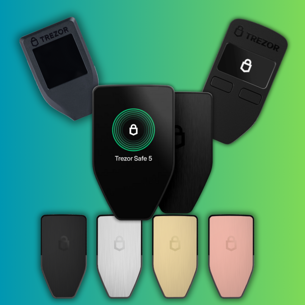 Image of all Trezor models including, Trezor Model One, Trezor Model T, Trezor Safe 3, Trezor Safe 5